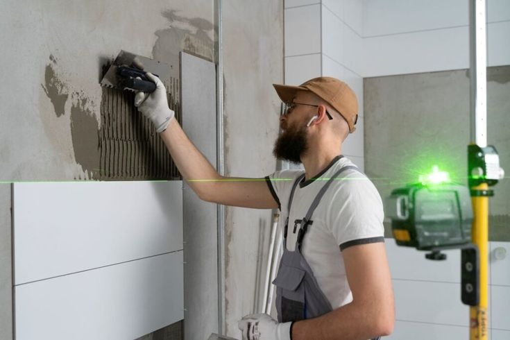 Professional worker installing bathroom tiles using laser level tool         