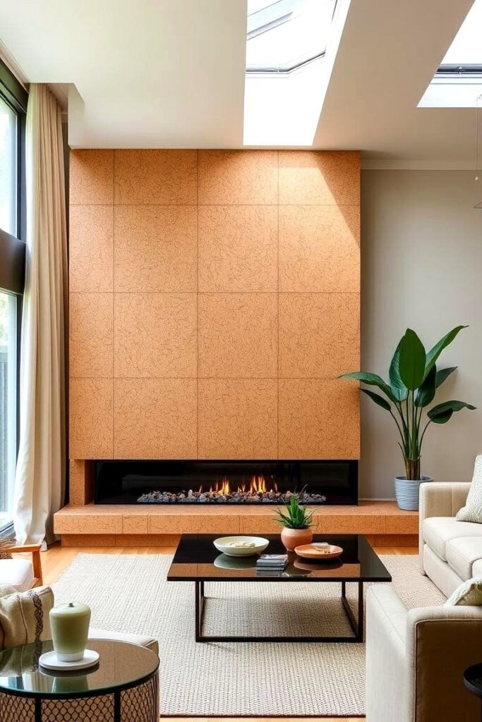 Modern living room with cork wall and linear gas fireplace