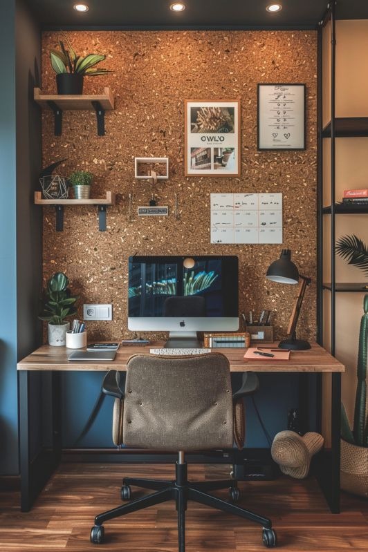 Modern home office setup with cork board and desk plants