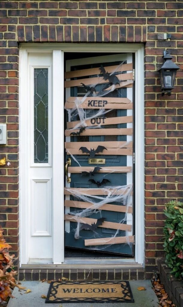 Front door Halloween decoration with bats, cobwebs, and Keep Out sign
