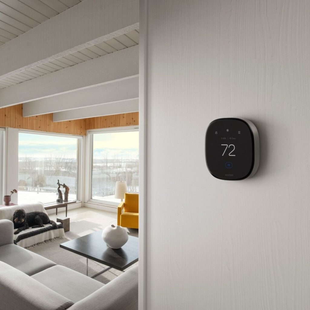 Modern smart thermostat controlling temperature in bright living room