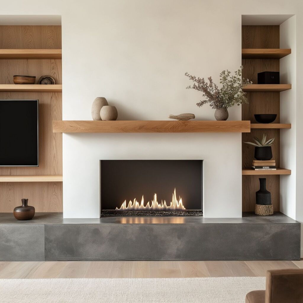 Modern gas fireplace in minimalist living room with wood shelves