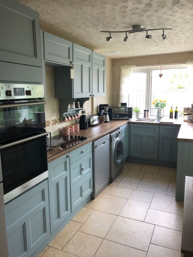 Modern kitchen with blue cabinets and wood countertops design