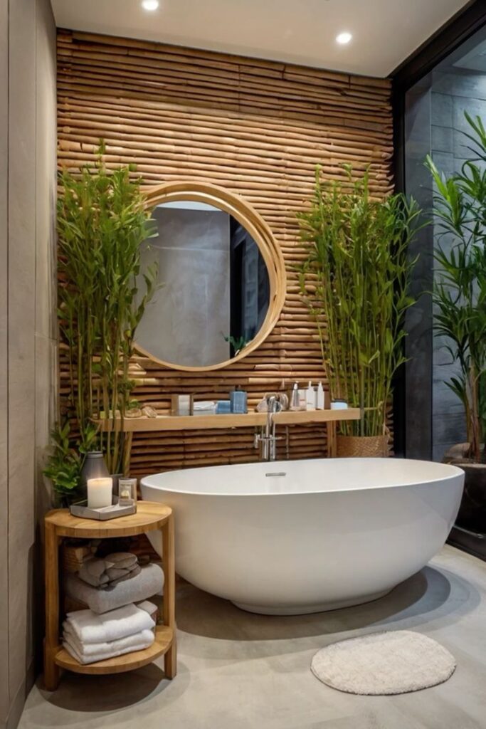 Modern bamboo bathroom with freestanding oval bathtub and plants