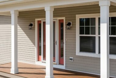 Modern front porch with tan vinyl siding and white columns